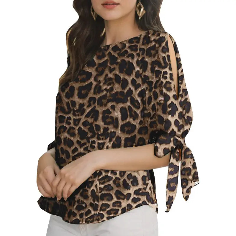 ZANZEA Leopard Print Blouse Women Lace Up Bohemian Short Sleeve Top