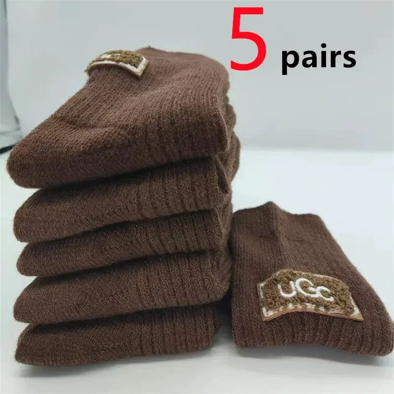 LuxWool Women Luxury Cashmere Wool Mid Calf Socks With Embroidered Logo For Snow Boots Thick Pile Warmth