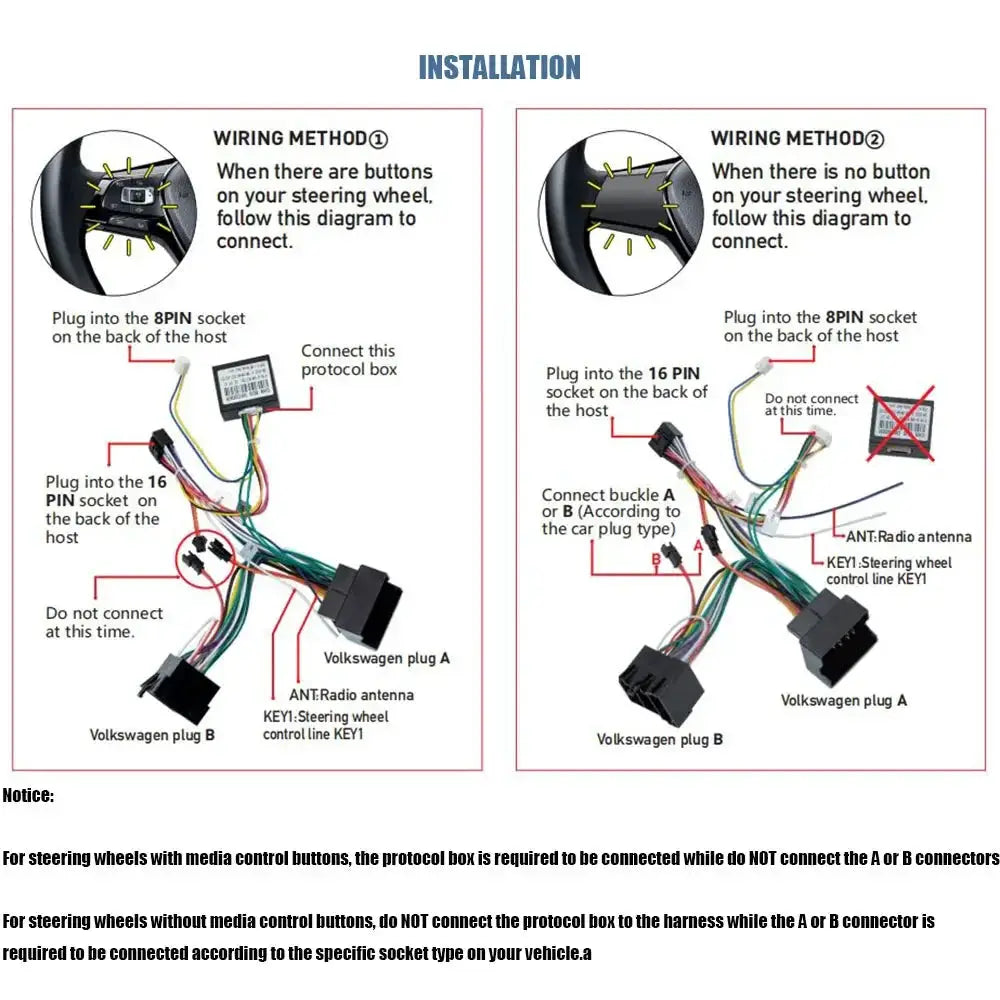 2Din Android car radio installation diagrams for VW/Skoda; two wiring methods with 8PIN/16PIN sockets