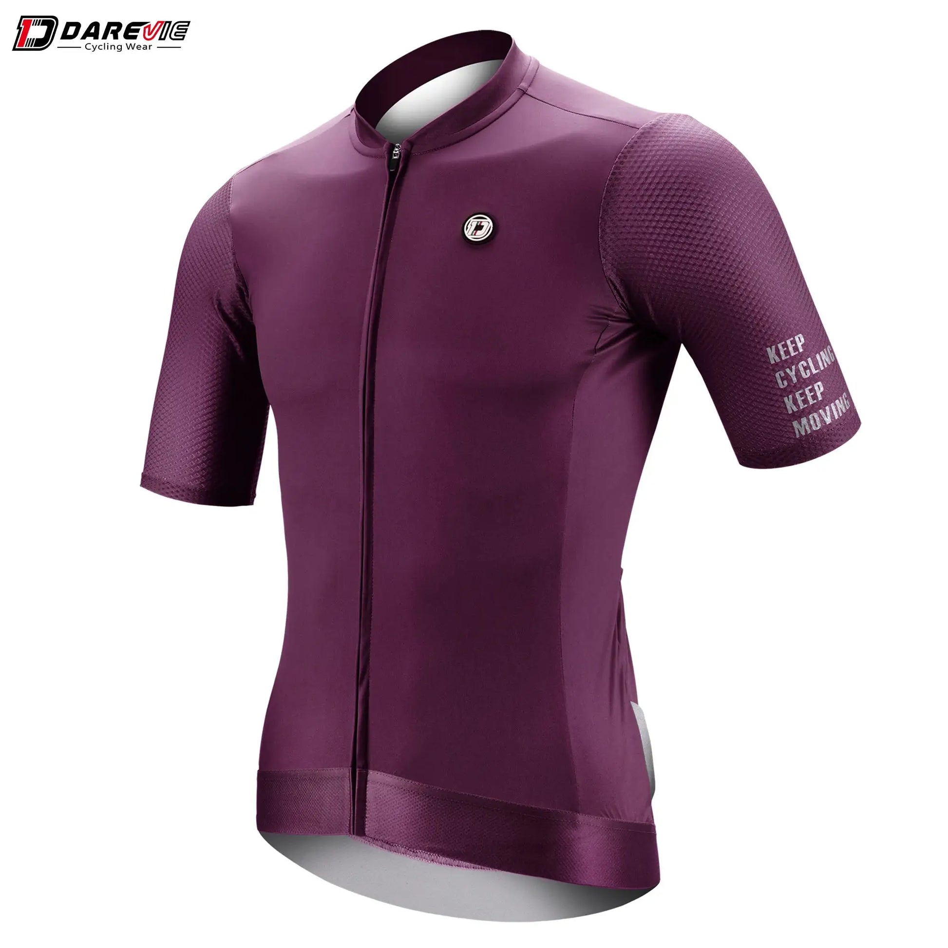 DAREVIE purple cycling jersey with chest logo badge, breathable short-sleeve design