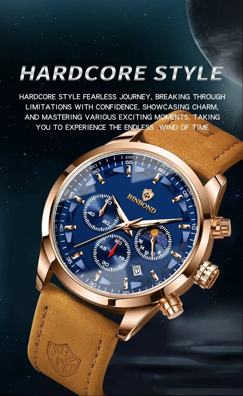 BINBOND men's luxury wristwatch with blue dial, gold-tone case, brown leather strap, chronograph subdials and date.