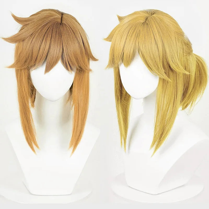 Link cosplay wig set: two heat-resistant synthetic wigs in blonde and brown with elf-ear earrings.