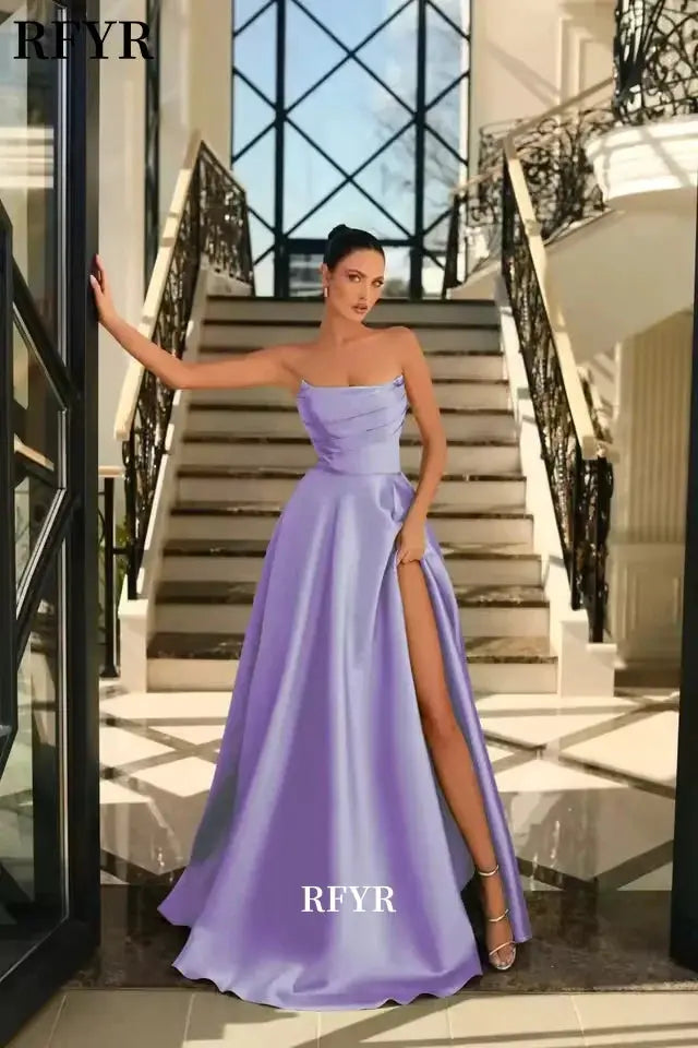 RFYR Green Satin Evening Dress Pleats A Line High Split Prom