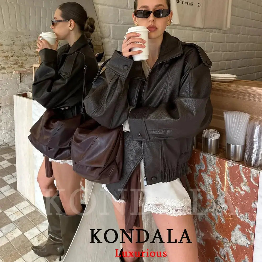 Kondala Womens Black Leather Jacket Casual Chic Oversized Elastic Fit With Button Details For Streetwear 2026
