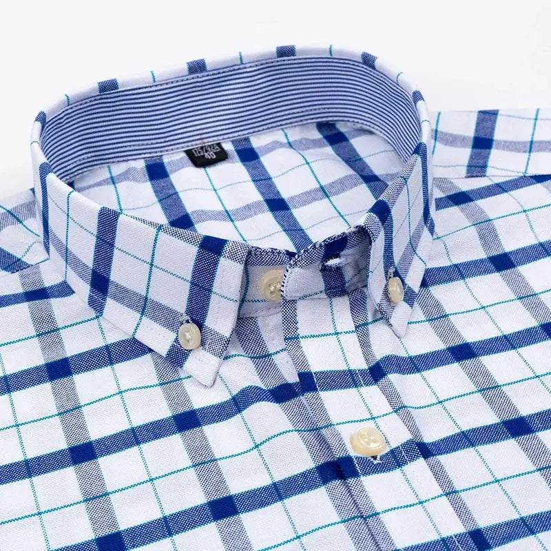 Men's blue plaid 100% cotton Oxford shirt with button-down collar by Simples Market
