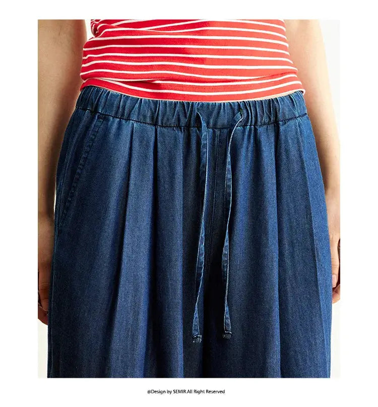 Semir Elastic Waist Denim Pants Women Draped Fit Wide Leg Trousers