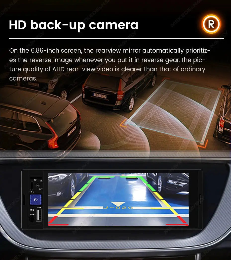 MEKEDE 6.86-inch 1Din car radio with CarPlay/Android Auto, Simples Market; rear-view camera display