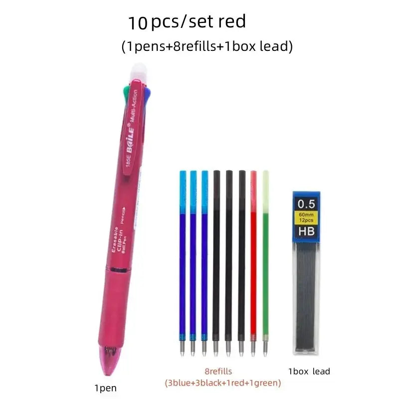 Simples Market 5-in-1 multicolor erasable gel pen with replaceable refills; pink pen and 8 refills plus 1 box HB lead