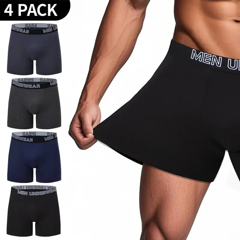 Simples Market men's boxer briefs 4-pack; black, navy, gray heather, and dark blue options with elastic waistband.