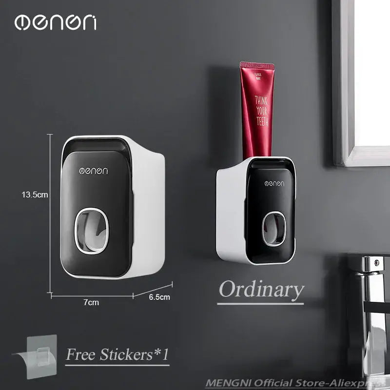 MENGNI toothpaste dispenser and toothbrush holder wall-mounted set of 2 in black and white with Oenori logo.