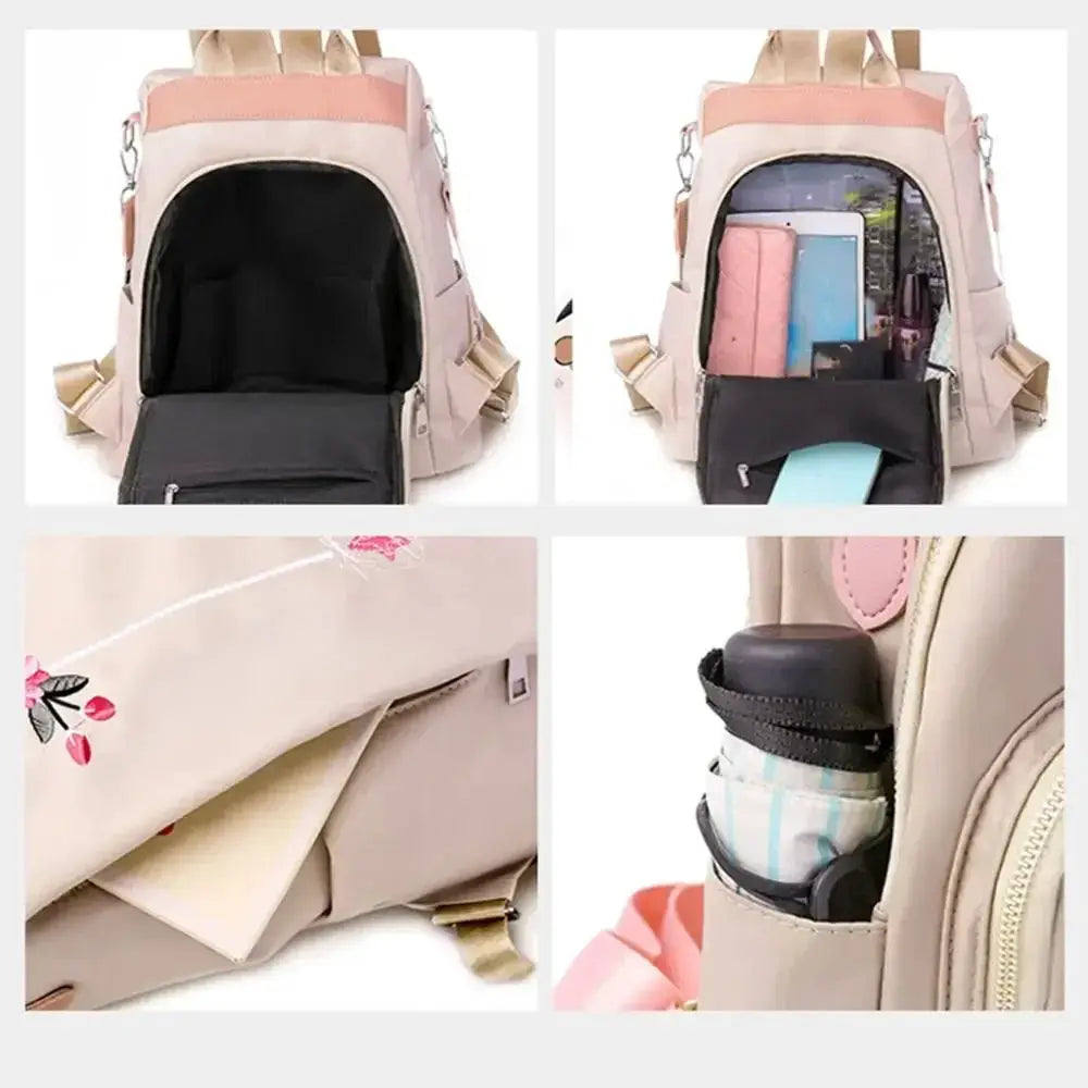 Waterproof Oxford women backpack in pink-beige with embroidery, anti-theft design and large capacity.
