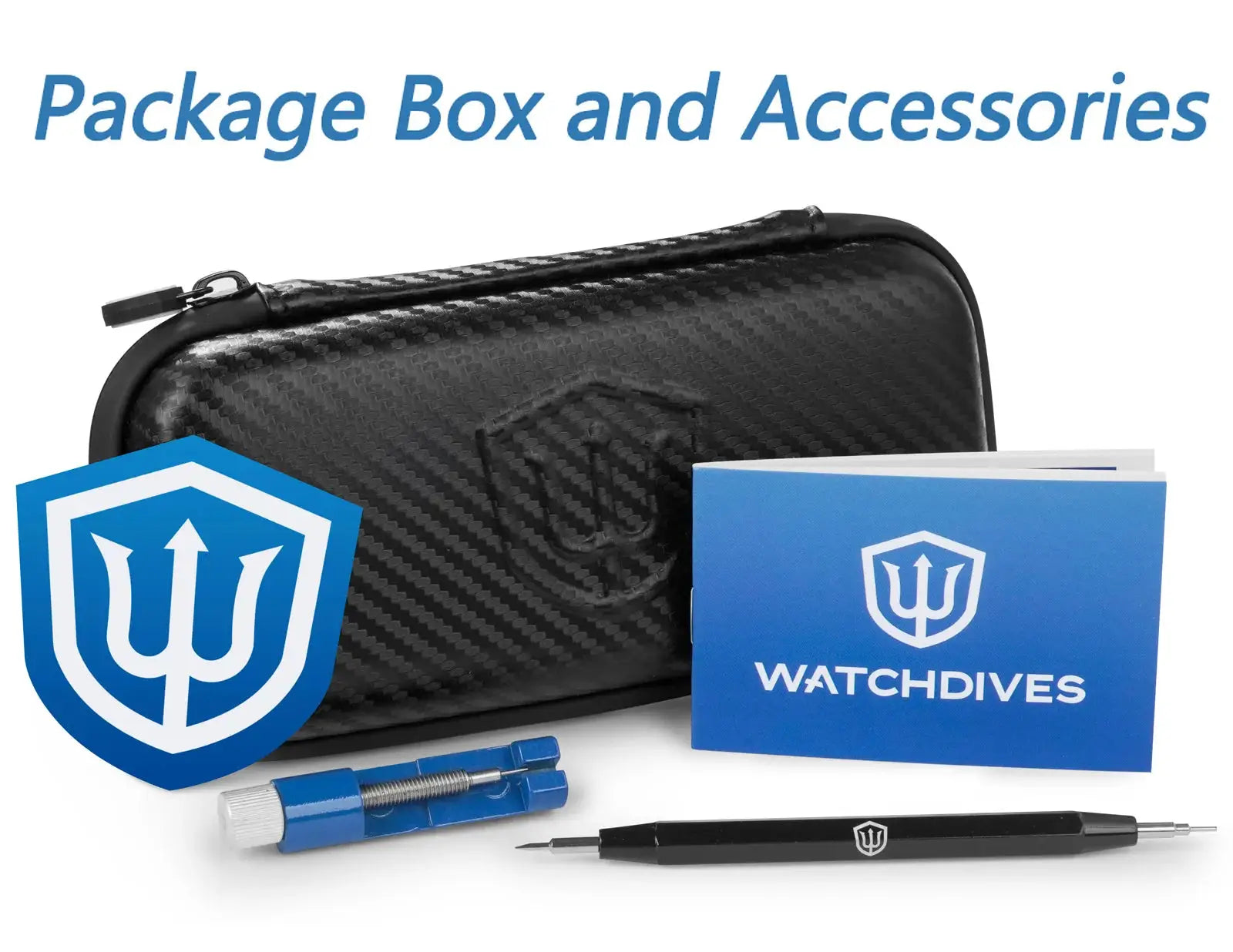 Watchdives WD1863 chronograph watch kit with carbon-fiber zip case, blue WatchDives card, and precision tools