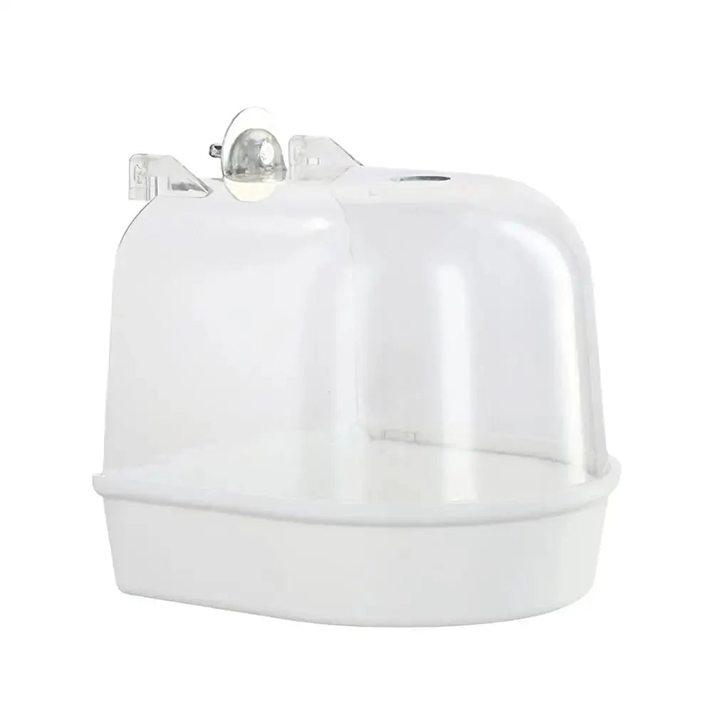 Hanging bird bath cube with clear dome and white base, cage accessory for small parrots and canaries.