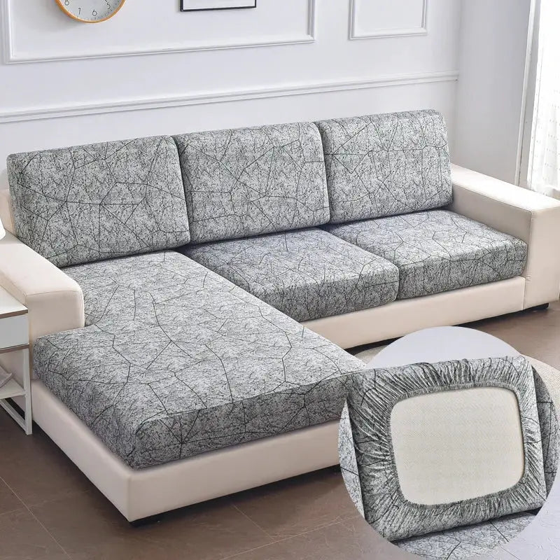 Stretch couch cushion slipcovers by Simples Market, gray cracked-pattern with anti-slip backing for individual cushions.