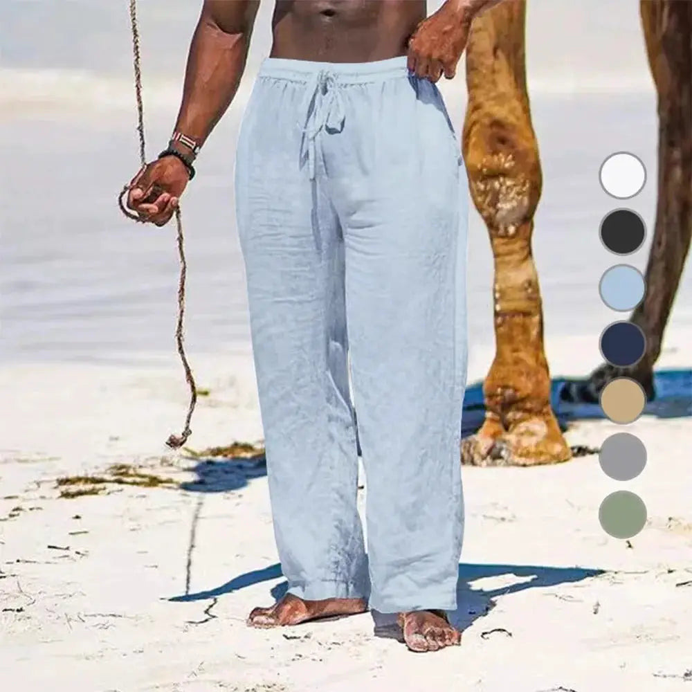 Men's cotton linen pants, light blue, loose jogger style with drawstring waist for breathable comfort