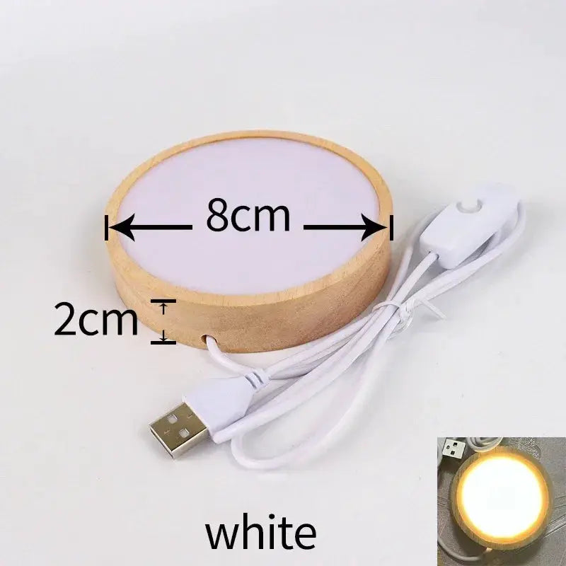 Round wooden LED night light base by Simples Market, white top, 8cm diameter, 2cm high with USB cord