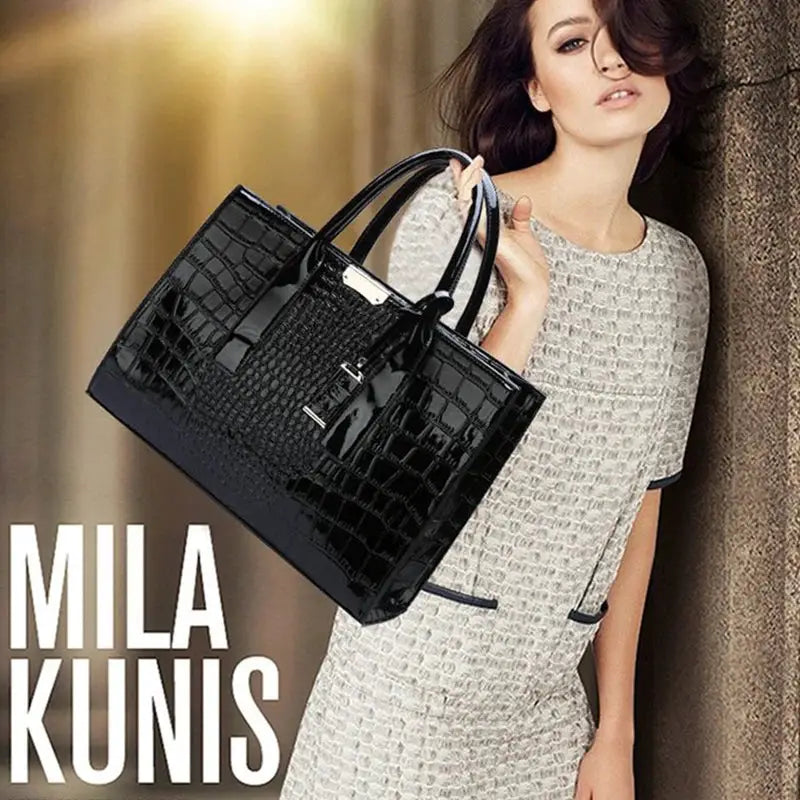 Crocodile-pattern PU leather handbag with top-handle, black large-capacity tote