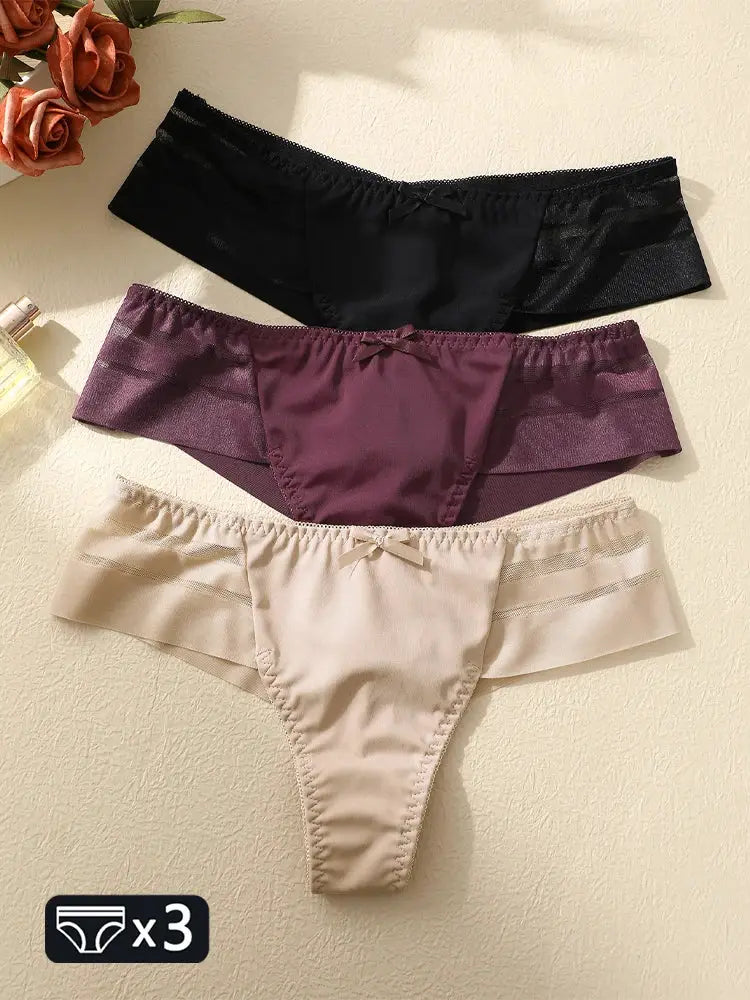 FINETOO 3pc women's lace hollow-out low-waist thong underwear set in black, burgundy, and beige by Simples Market