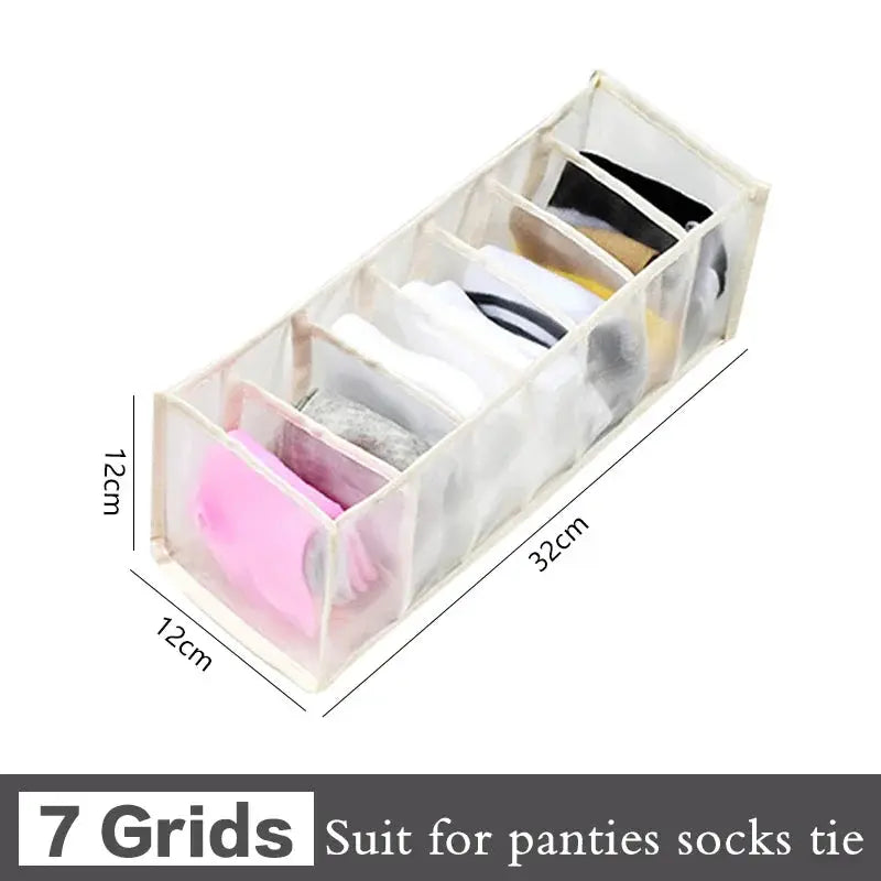 Transparent seven-compartment underwear organizer box with fabric dividers, 32cm long for panties and socks