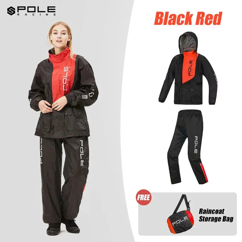 POLE motorcycle raincoat set by Simples Market; black and red breathable waterproof coat with POLE logo and pants