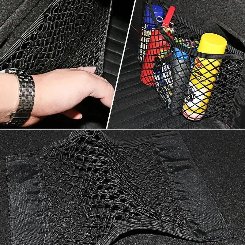 Universal Car Storage Bag Double Mesh Trunk Storage Net For Secure Organization Built In Fire Extinguisher Fixed Net