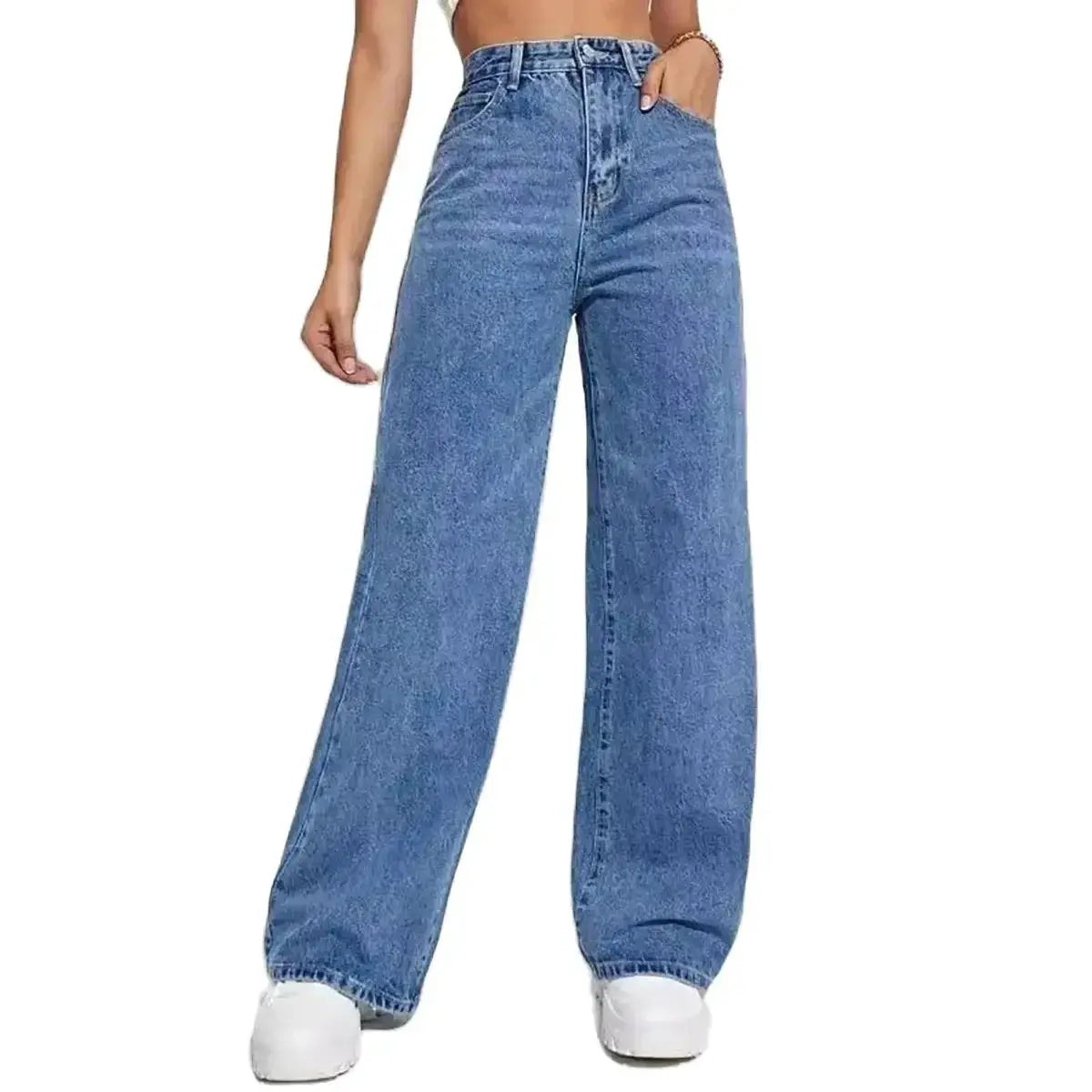 Retro Blue Jeans For Women Y2K High Waist Baggy Straight Leg Denim