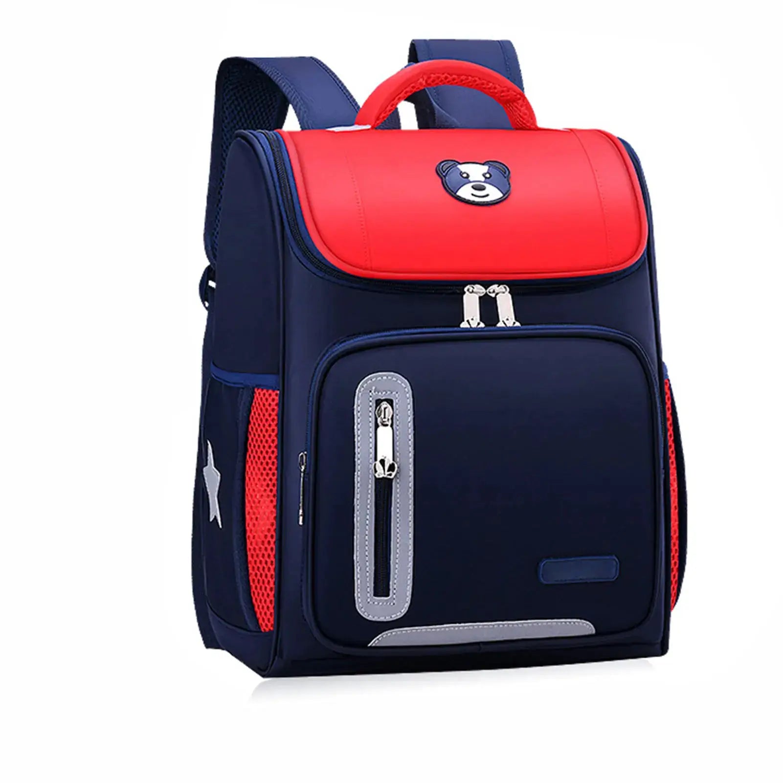 Kids' school backpack navy blue with red top panel, bear patch, dual zippers and red mesh side pocket