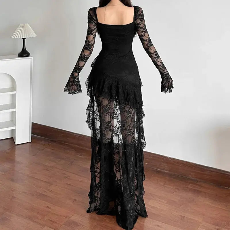 Nocturne Atelier Goth Lace Fairycore A Line Dress With Flare Sleeve Square Neck Irregular Hem For Cyber Y2K Party
