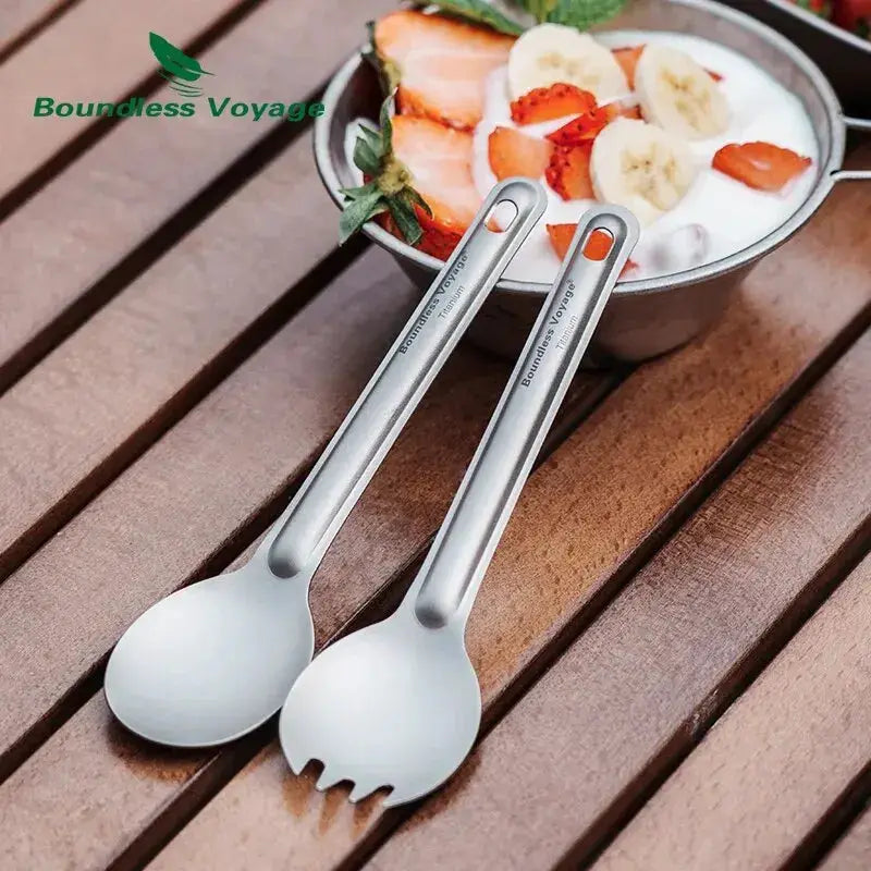 Boundless Voyage titanium cutlery set with reusable spoon and spork, lightweight camping tableware by Simples Market