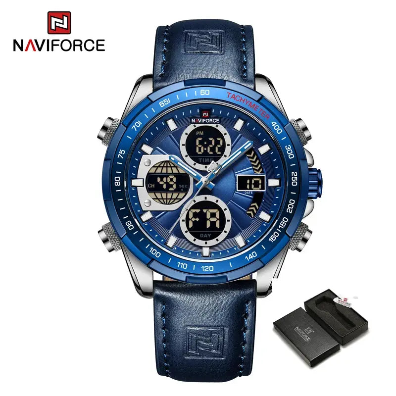 Naviforce men's blue leather strap chronograph watch with digital subdials