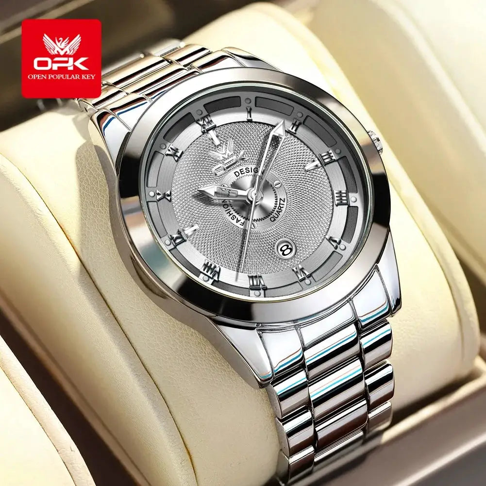 OPK 6056 stainless steel men's watch with silver textured dial and Roman numeral markers