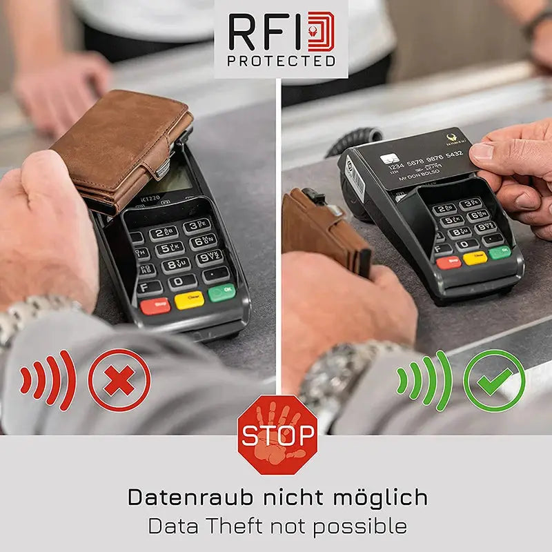 Pop-Up RFID-Protected leather card case with notes and coins compartment in brown