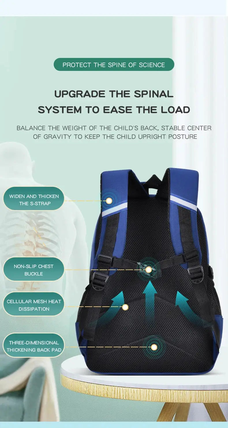 Astronaut-style school backpack by Simples Market in blue and black with a padded mesh back