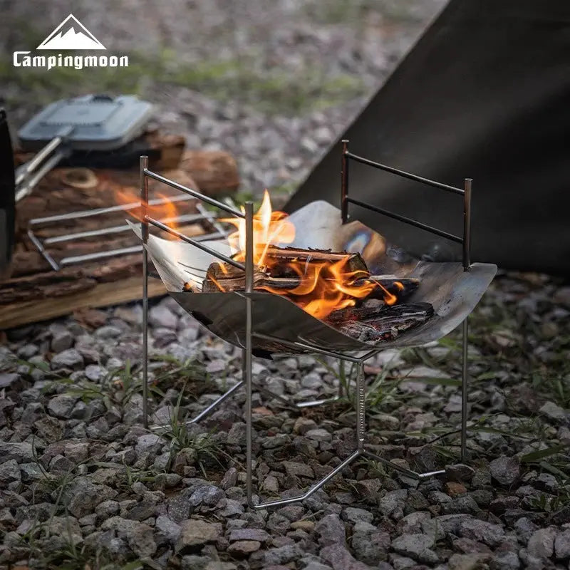 CAMPINGMOON SOLO-A4 stainless steel portable folding BBQ grill for camping; Campingmoon logo visible on setup.