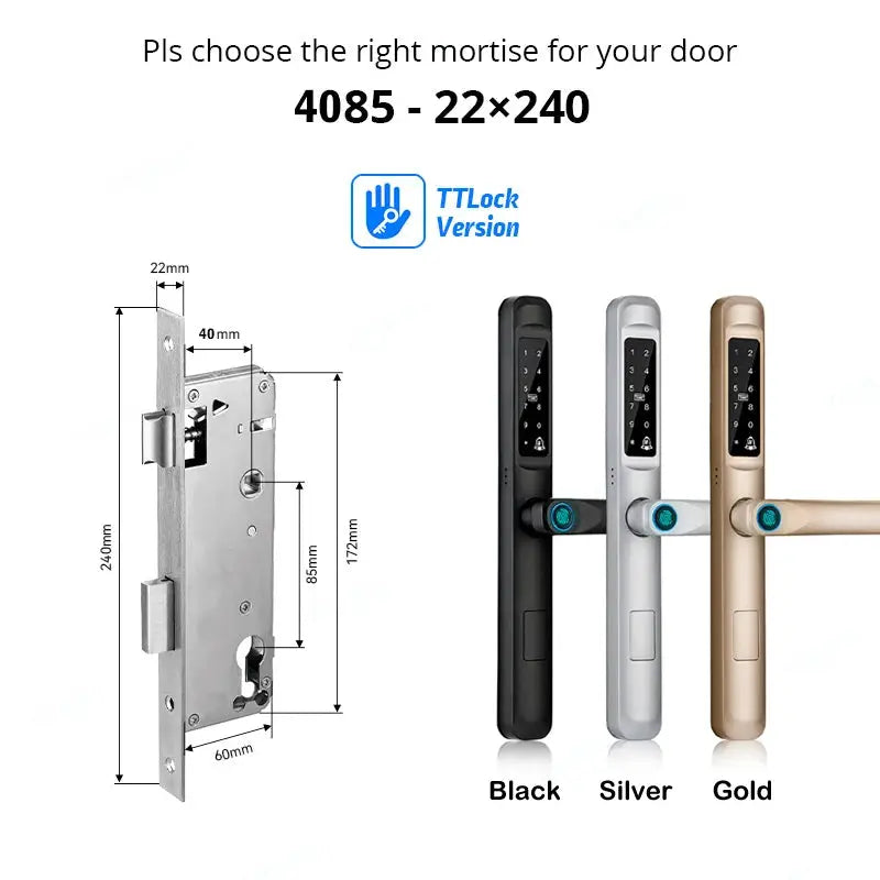 Smart door lock with TTLock fingerprint, BT/RFID; 92/85mm waterproof aluminum/glass sliding; Black, Silver, Gold.