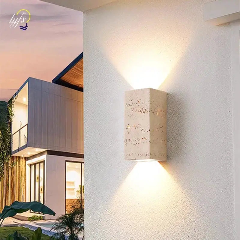 Wabi Sabi yellow travertine marble wall lamp by Simples Market for bedroom or living room