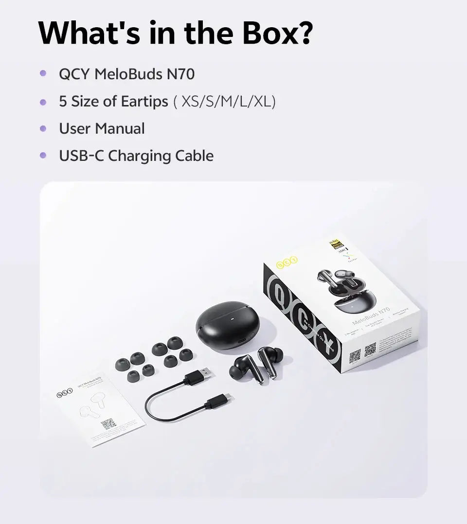 QCY MeloBuds N70 wireless earbuds set with charging case, USB-C charging cable, and assorted silicone ear tips