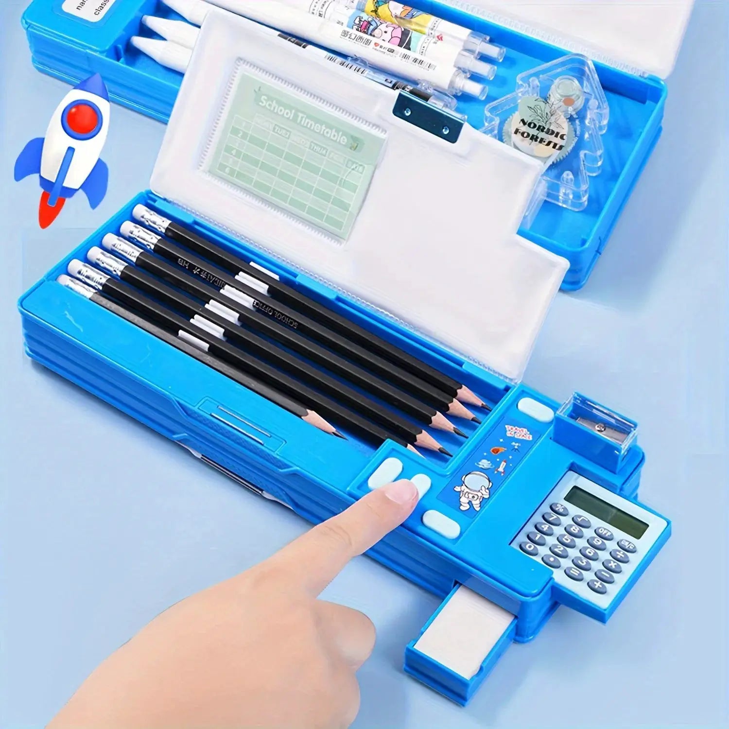 Kids multifunctional pencil case with calculator desk organizer in blue plastic for pens, pencils, and markers.