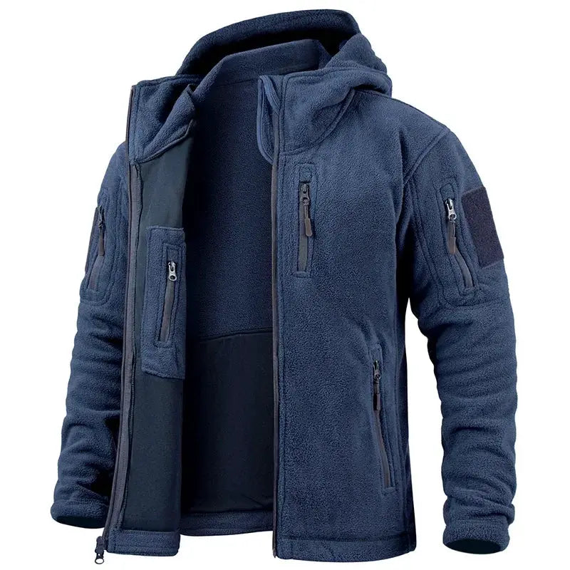 Men's hunting fleece jacket by Simples Market, navy blue full-zip with hood and multiple pockets