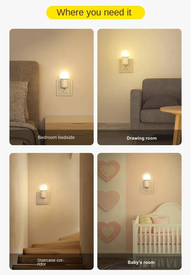 LED night lights with EU/US plug; 2-color dimming, eye protection; warm glow across four rooms