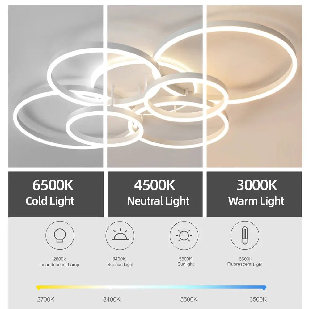 Modern LED ceiling chandelier by Simples Market with interconnected white circular rings; dimmable, 3000K–6500K color temps.