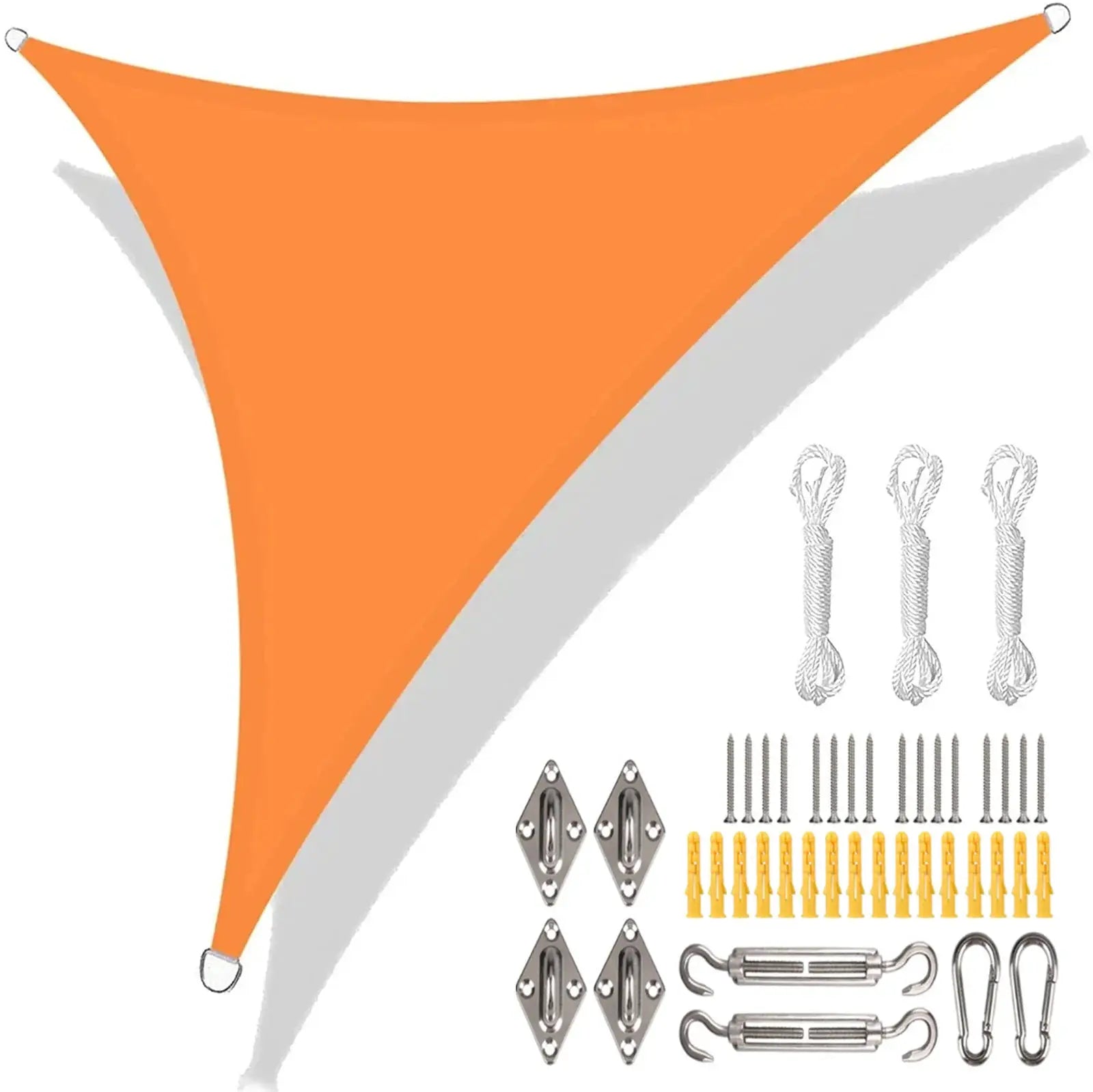 Orange triangular waterproof sun shade sail with rope loops and complete mounting hardware kit.