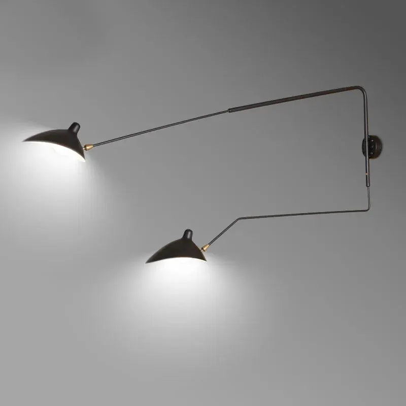 Mouille-style black ceiling lamp with two adjustable arms and twin shades for living room decor