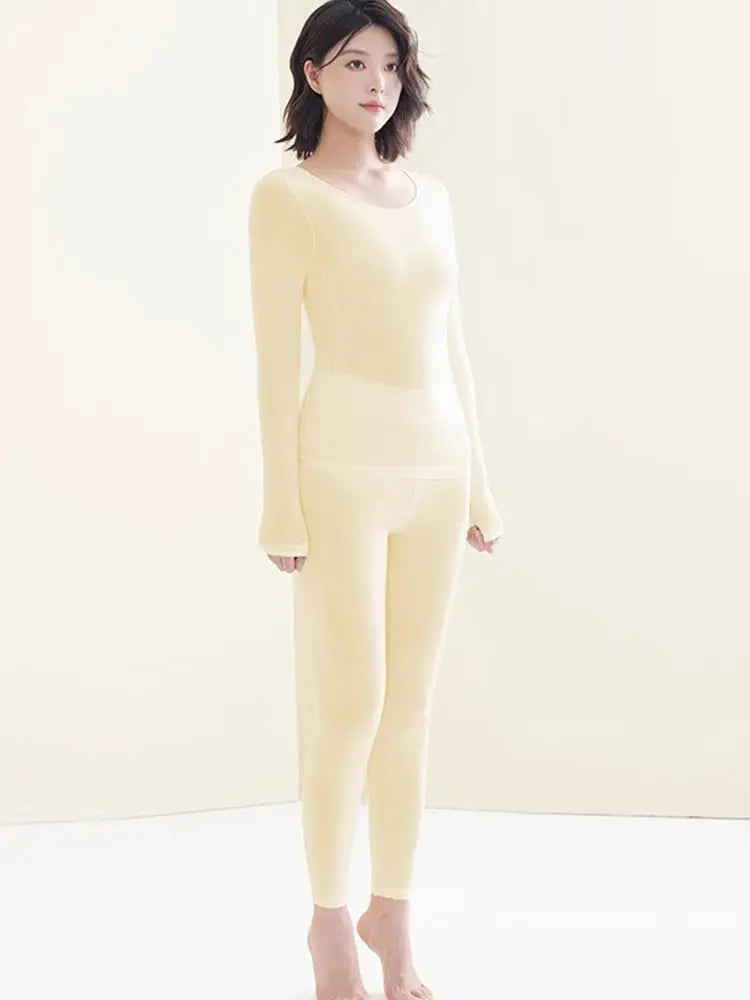 CozyWear Ultra Thin Seamless Warm Underwear Set For Women High Elasticity Slim Fit Long Sleeve Top For Sleepwear