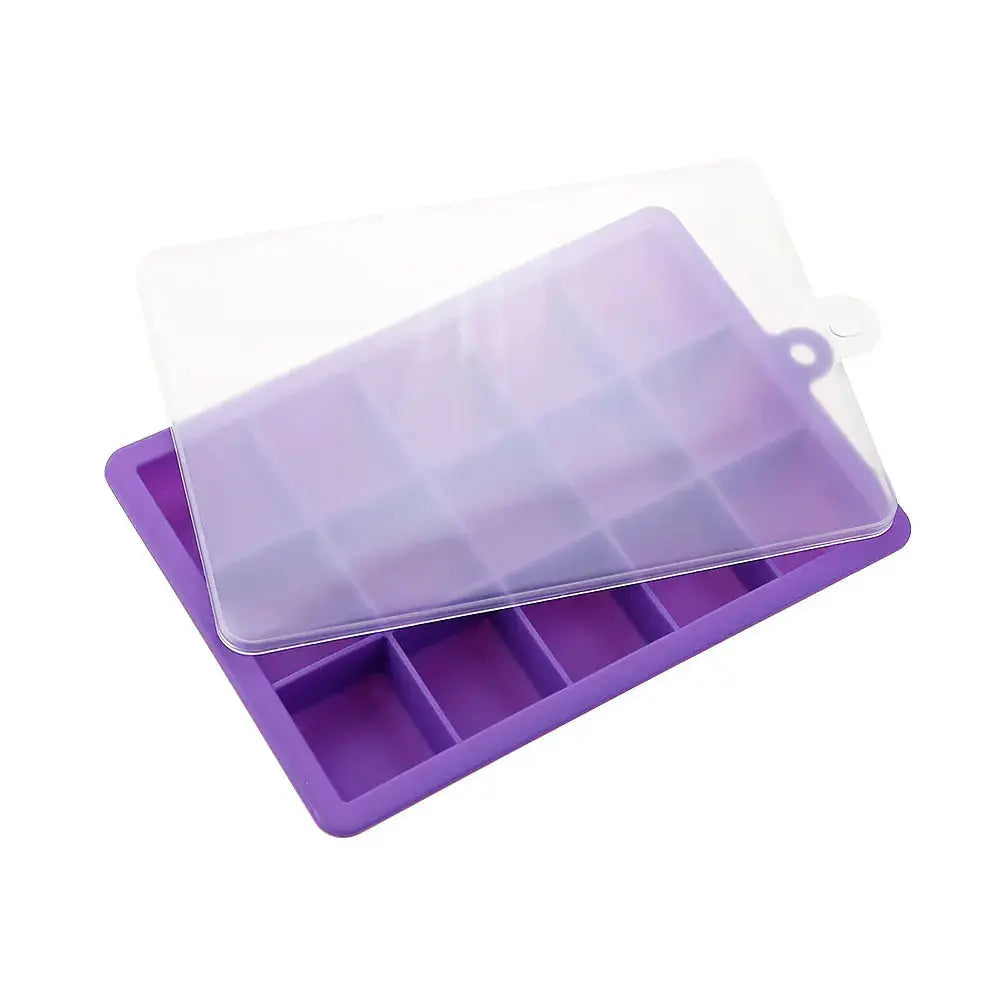 Purple silicone ice cube mold with clear lid, square grid tray for cold drinks.