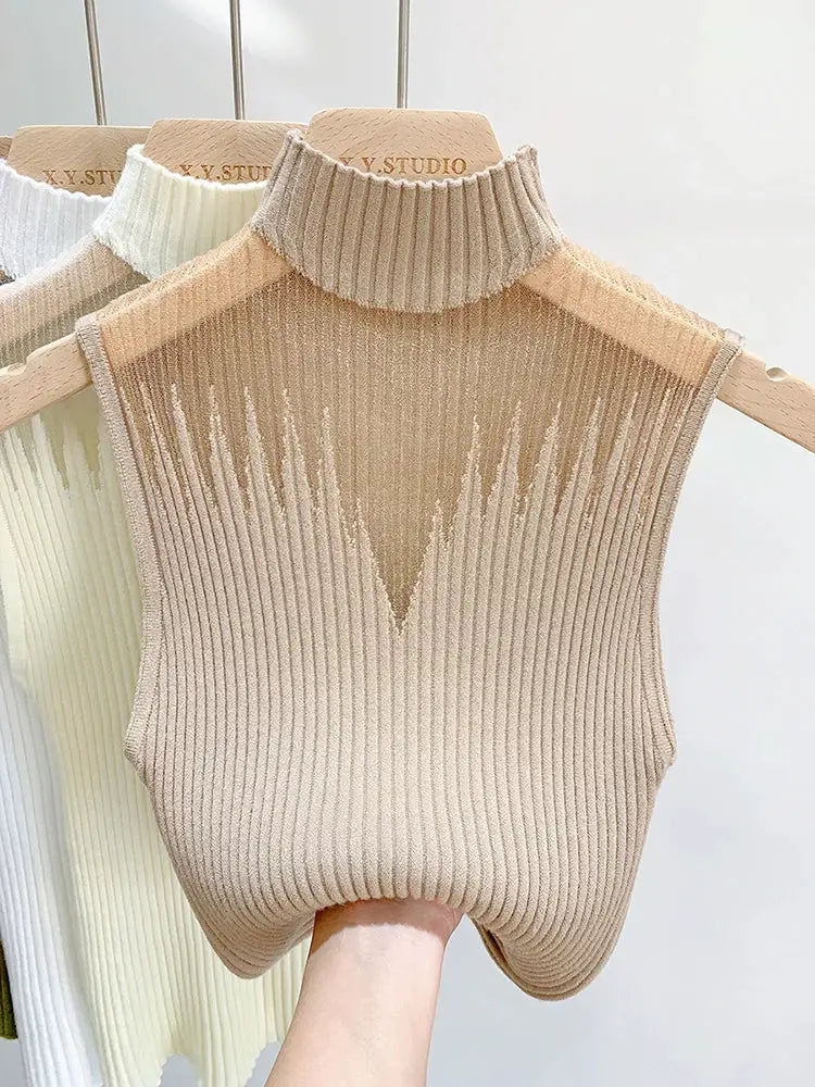 Mesh Knitted Y2K Tank Top For Women Half Neck Sleeveless Vest With Cutout Detail Streetwear Chic
