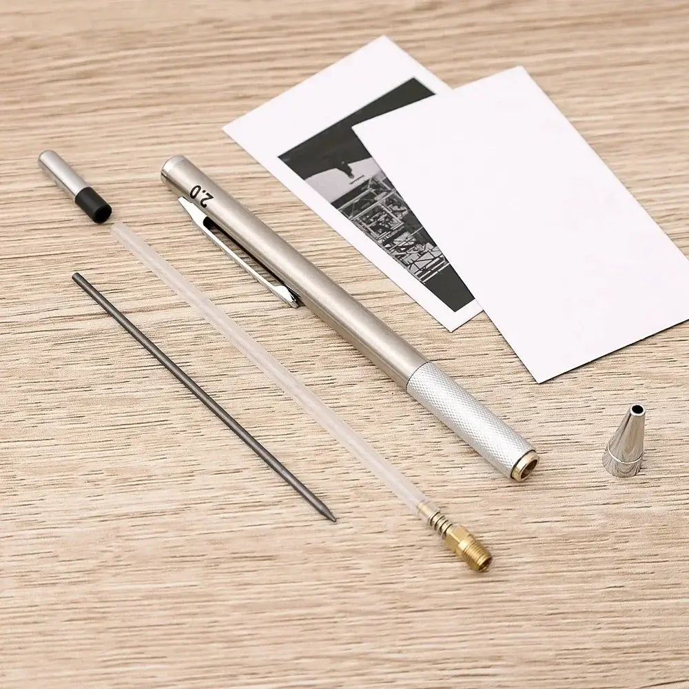 Silver metal mechanical pencil set with 0.3–2.0mm leads and spare tubes by Simples Market