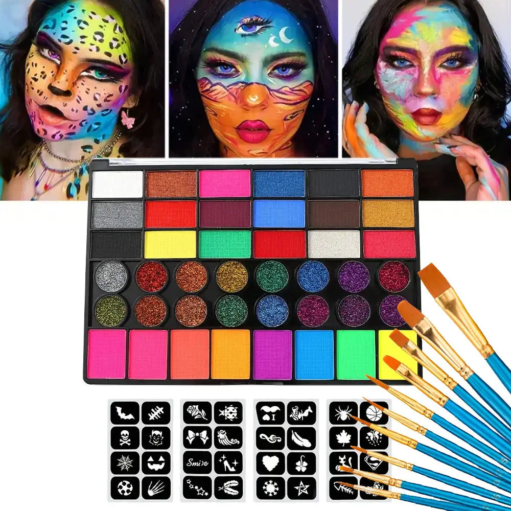 42 Color Water Soluble Face and Body Paint Set Neon Glitter Glow