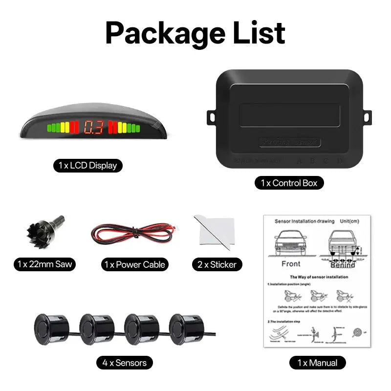 Hippcron car LED parking sensor kit with 4 sensors, LCD display, control box, 22mm saw, power cable, stickers and manual