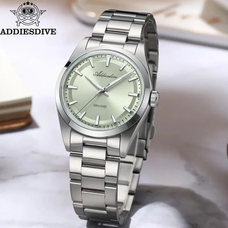 Addiesdive 36mm men's stainless steel watch BGW9 luminous bubble mirror glass, light green dial, 100m water resistant